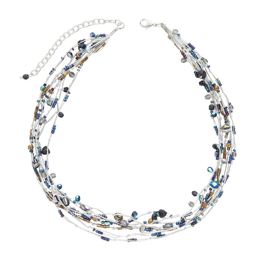 Necklace mltistrnd thread/bead irdscnt blac/silver
