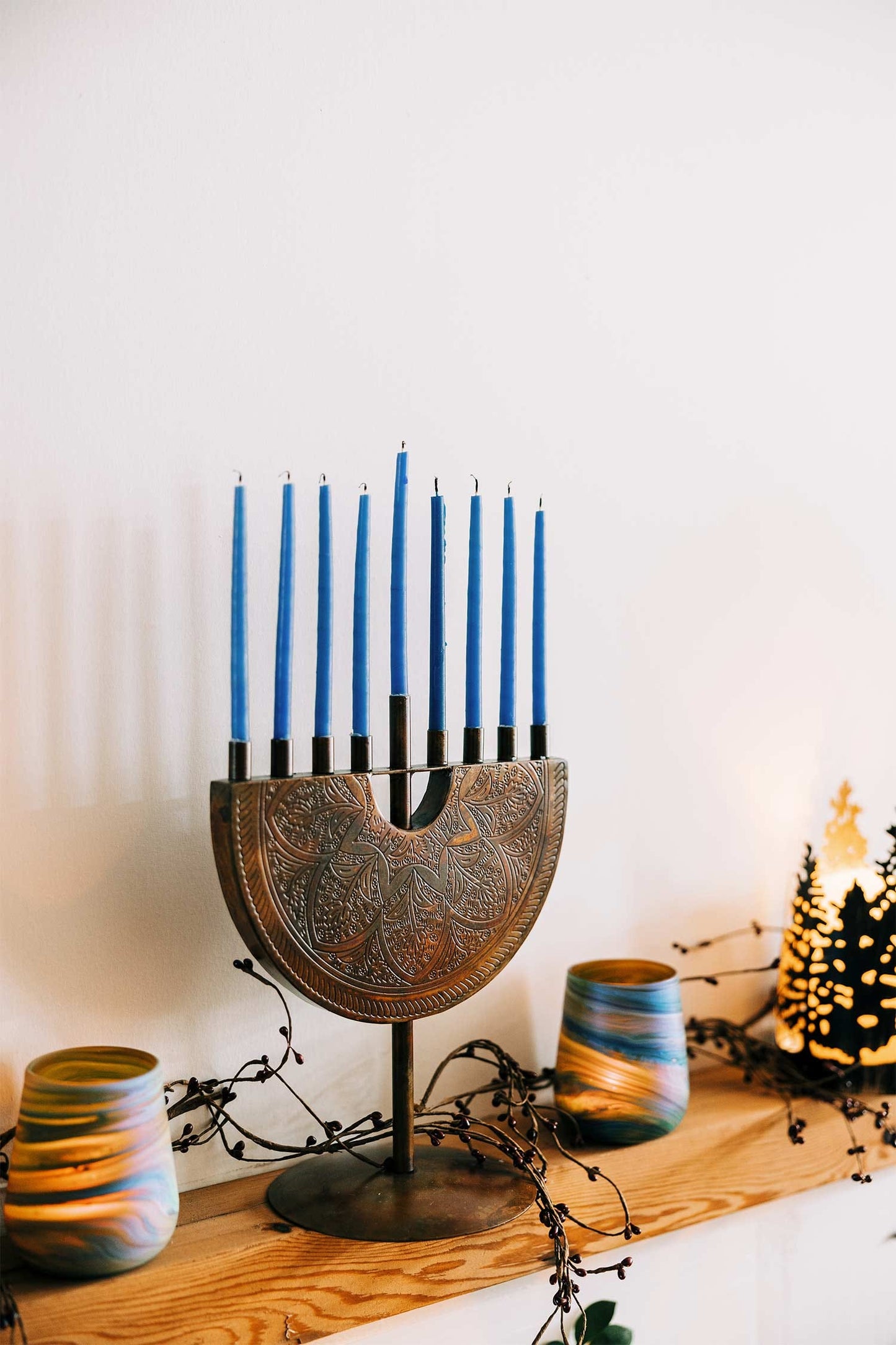 Menorah engraved iron 9Wx11H antiqued copper color