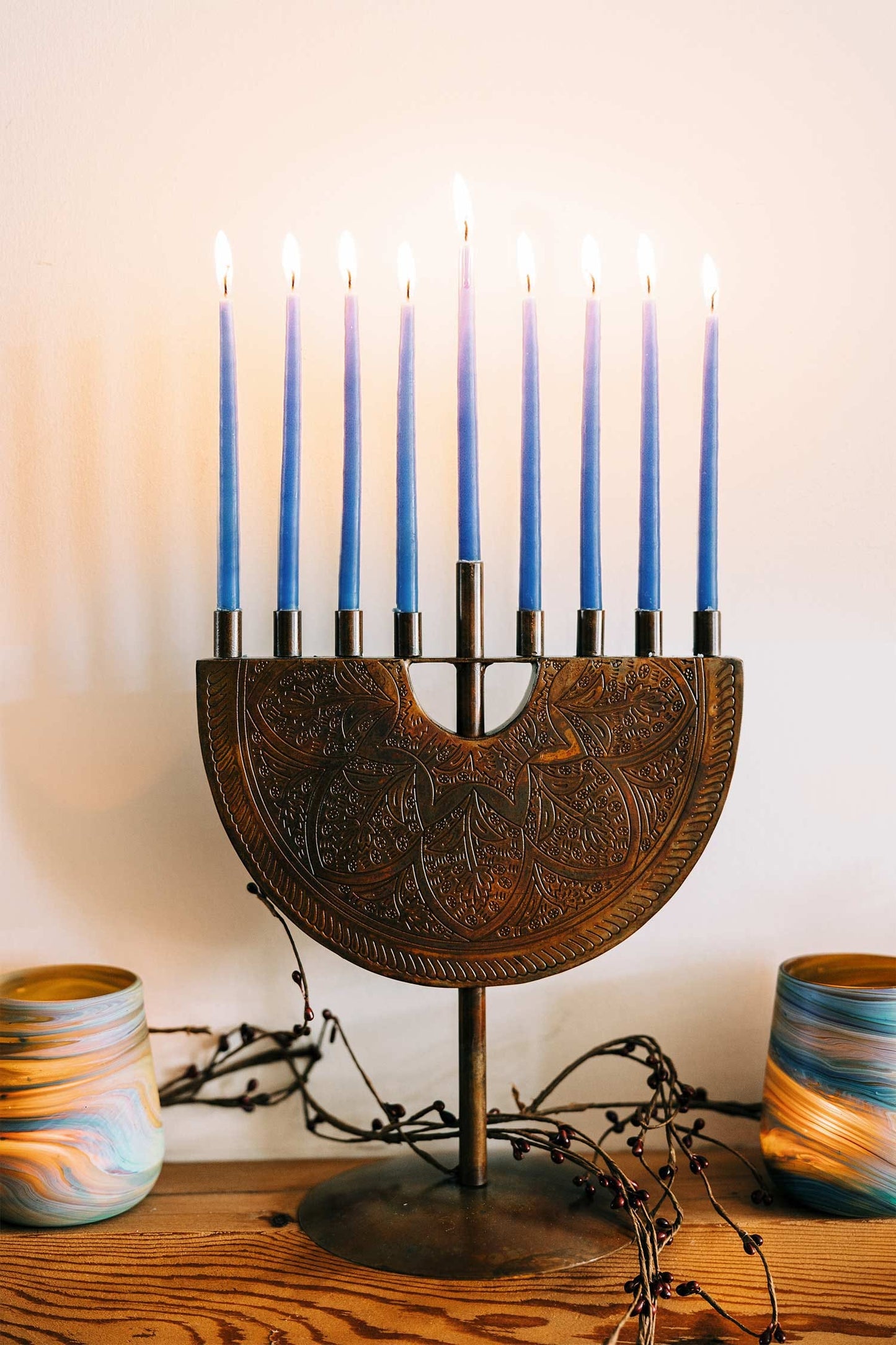 Menorah engraved iron 9Wx11H antiqued copper color