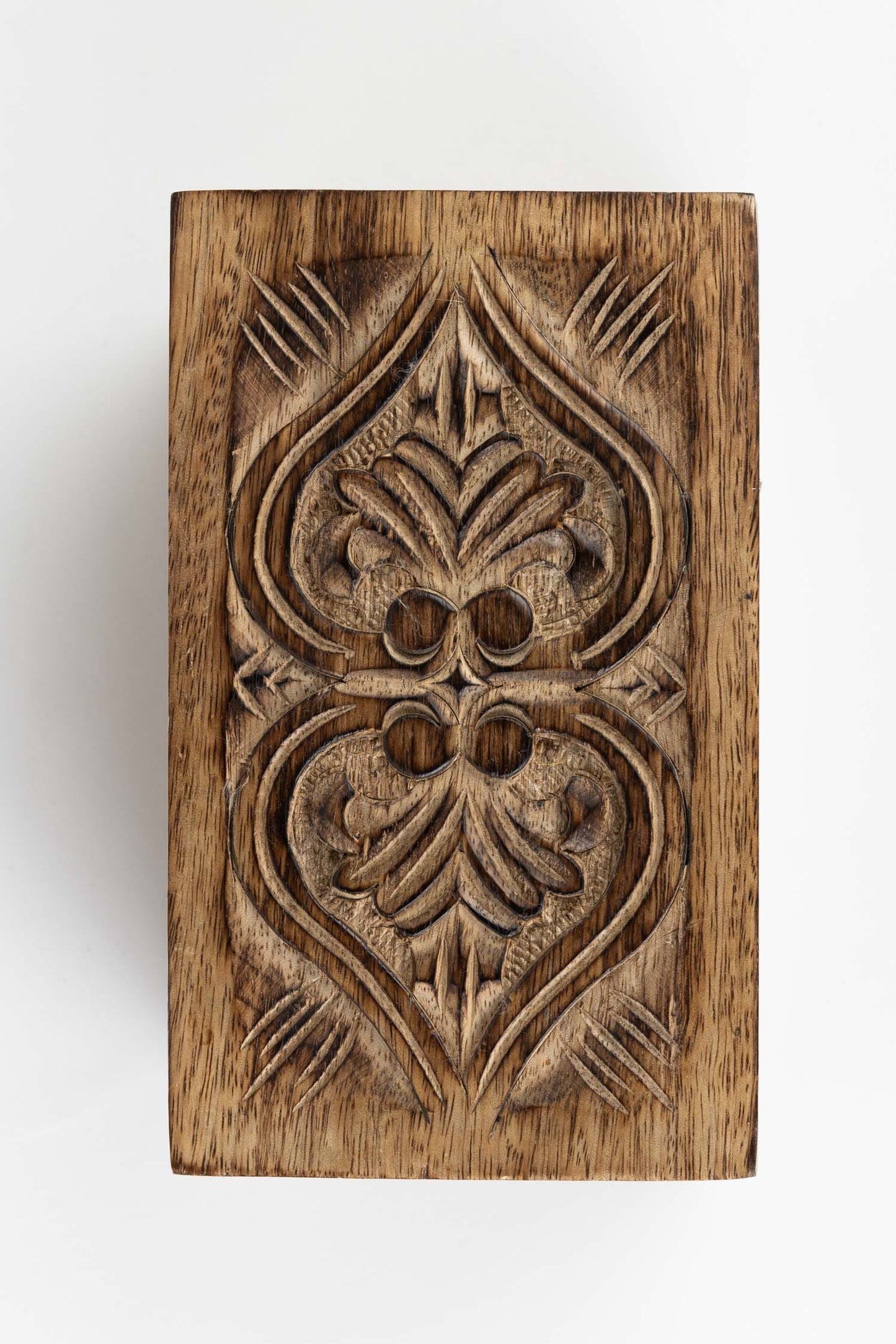 Box hinged double heart mango wood 7.5x4.5x4H brn
