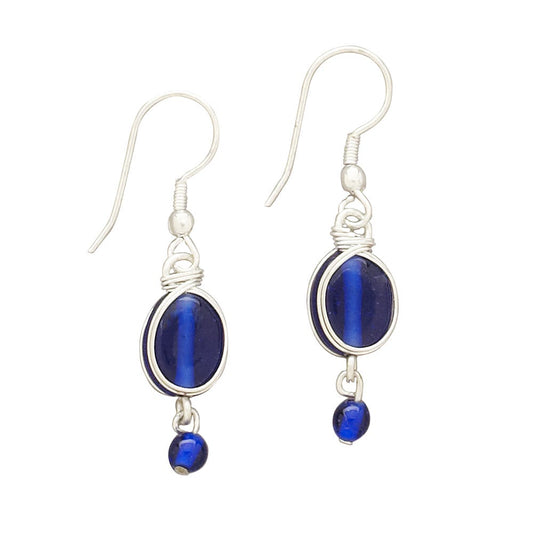 Earrings oval w/dangle wire wrapped glass 2L blue