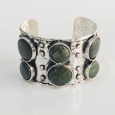 Bracelet cuff large brass/agate 1.75W silv/grn