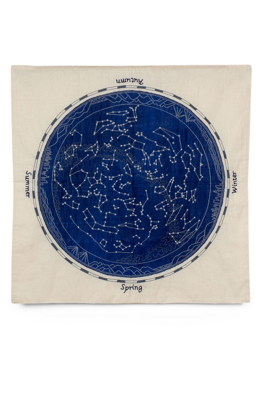 Wall hanging stars emb cotton/beads 22sq navy