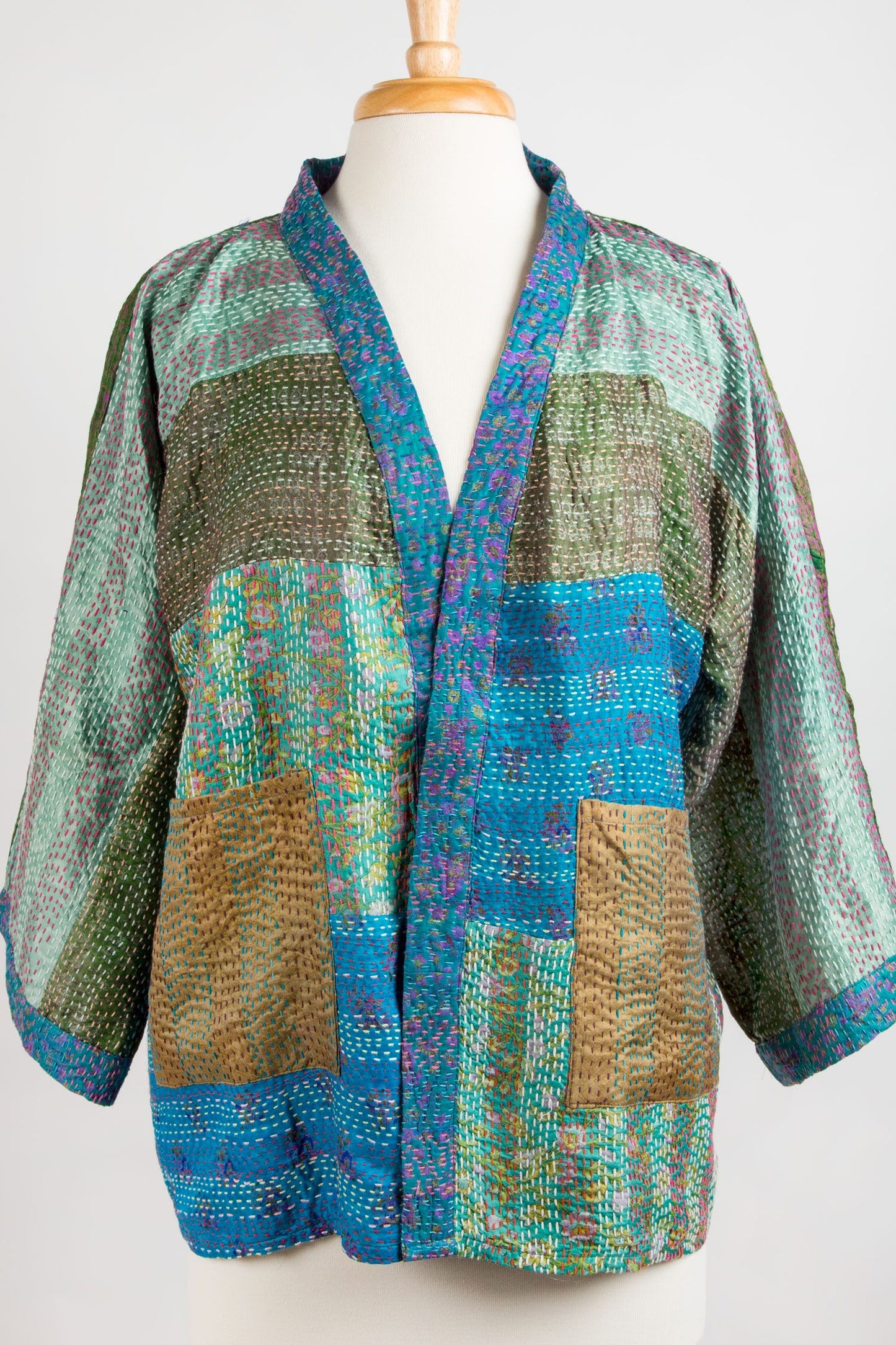 Kimono stitched upcycled sari 26L teal/green/multi