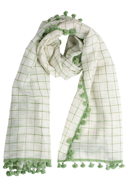 Scarf pom pom/crosshatch cotton 70x30 crm/grn