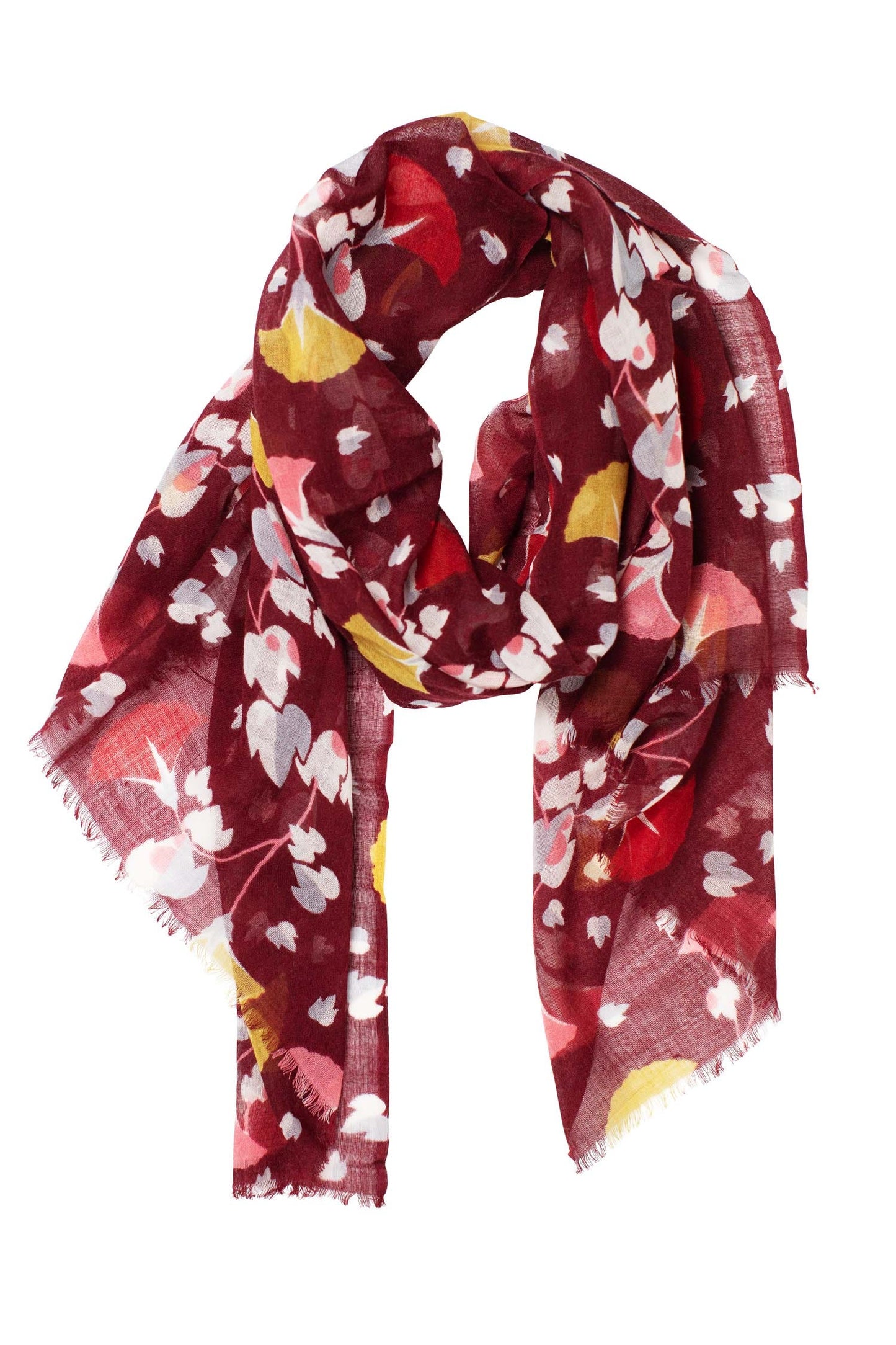 Scarf large ginkgo leaves wool 76x28 brg/yel/crm