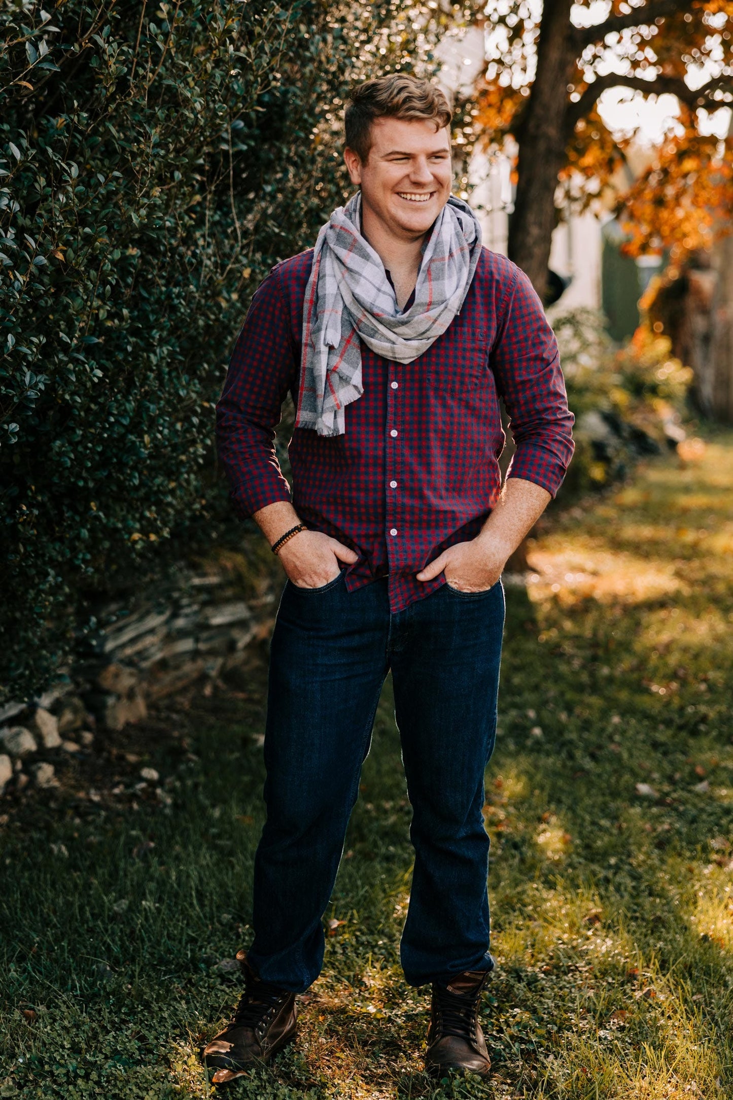 Scarf plaid cotton/polyester 78x28 gray/red
