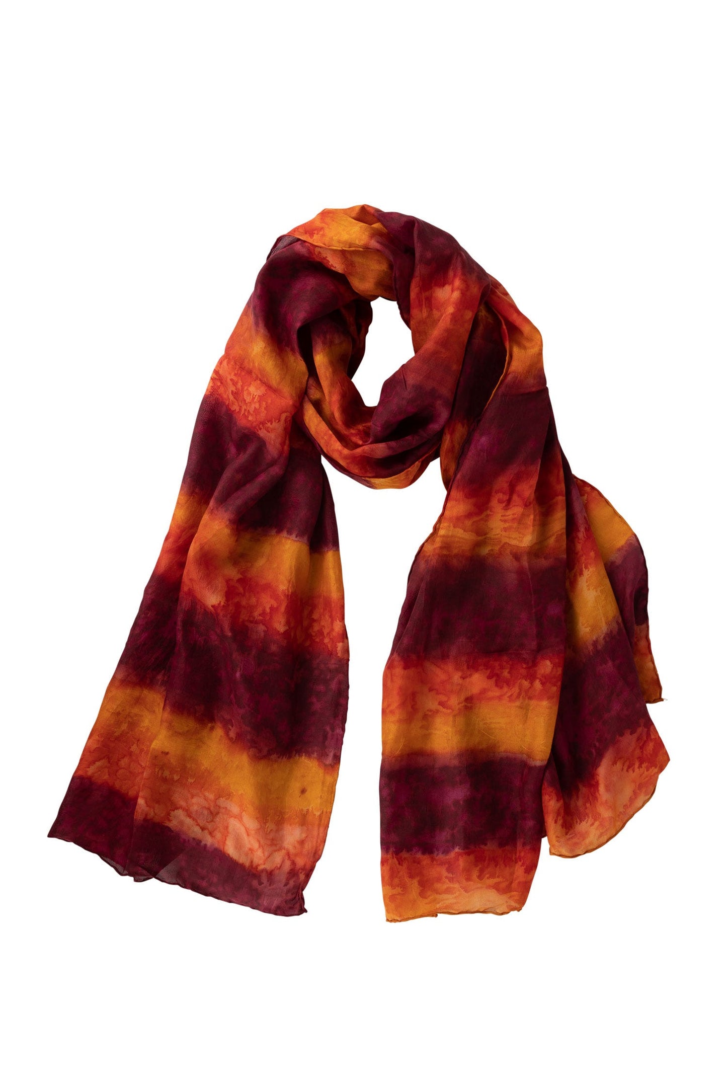 Scarf tie dye sunset recyc silk 70x28 red/orng/yel