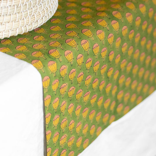 Table runner rows of buds cotton 72x16 grn/mustard