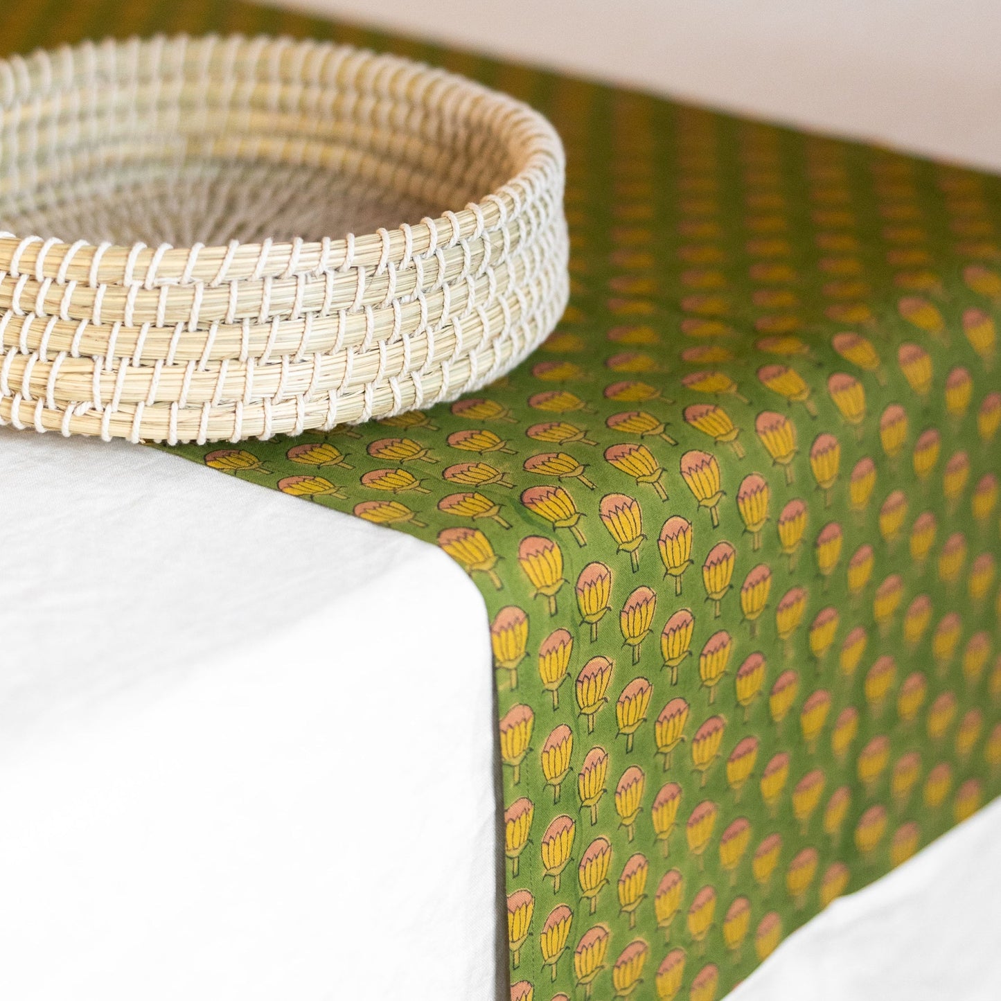 Table runner rows of buds cotton 72x16 grn/mustard