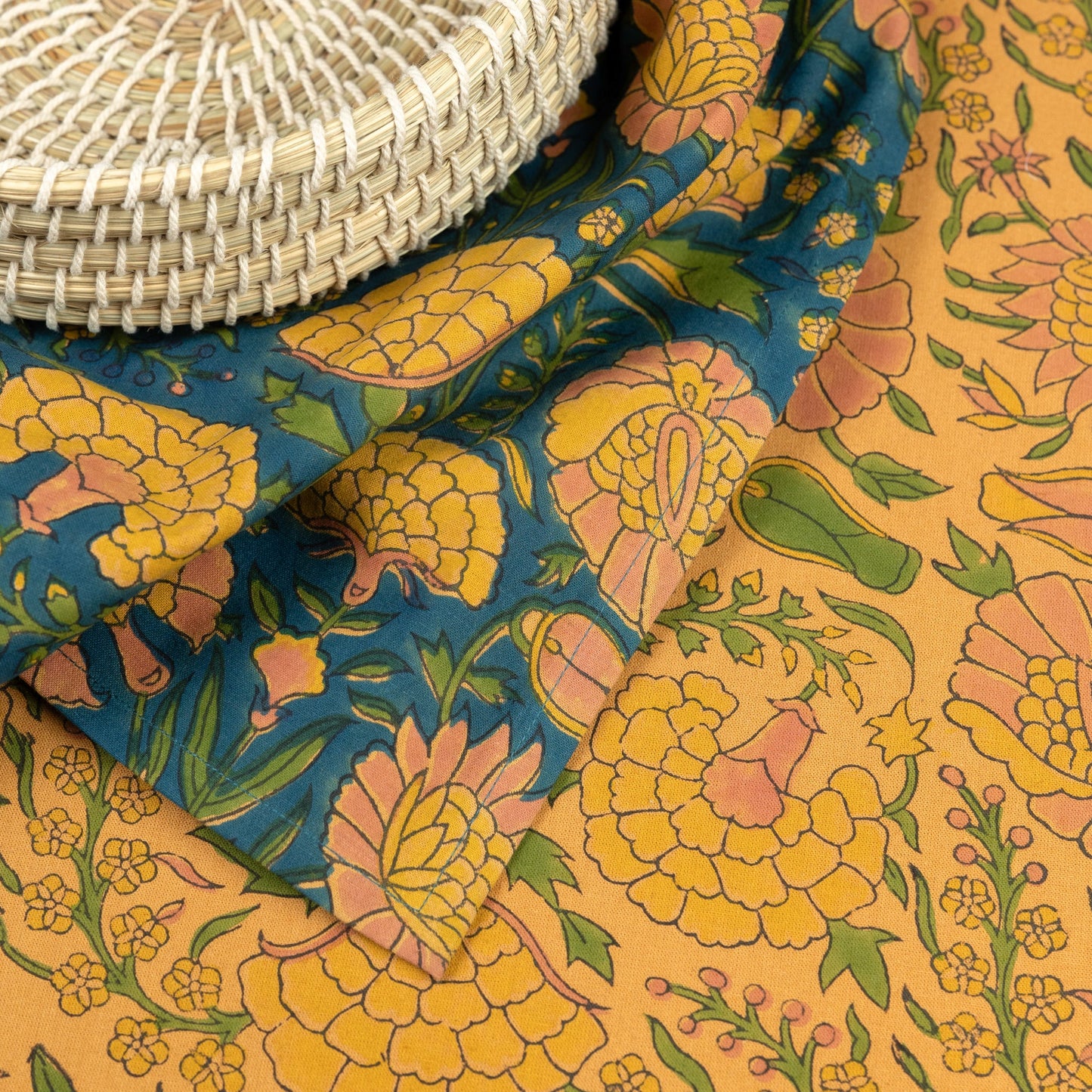 Tablecloth large floral cttn 90x60 mustard/yel/grn