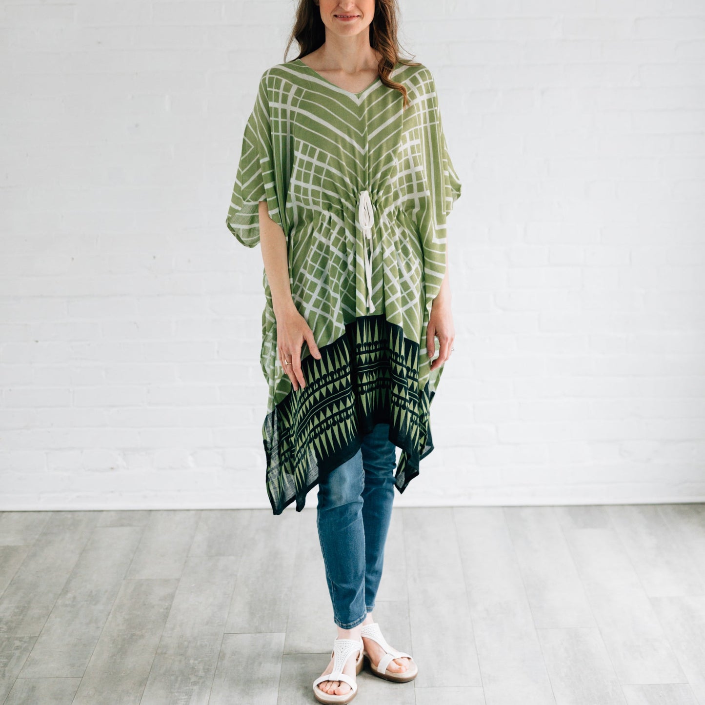 Kaftan short w/geo border viscose 36L grn/blk