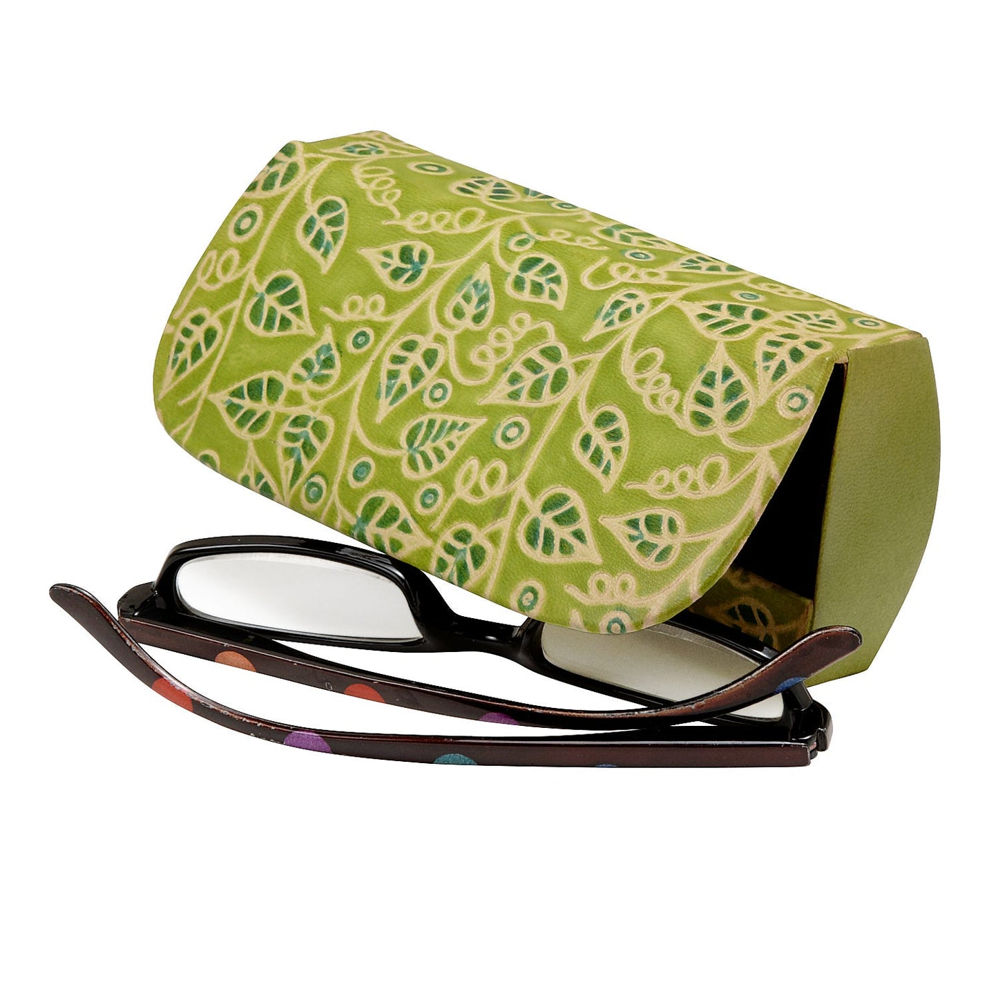 Glasses case vines embossed leather 6L green