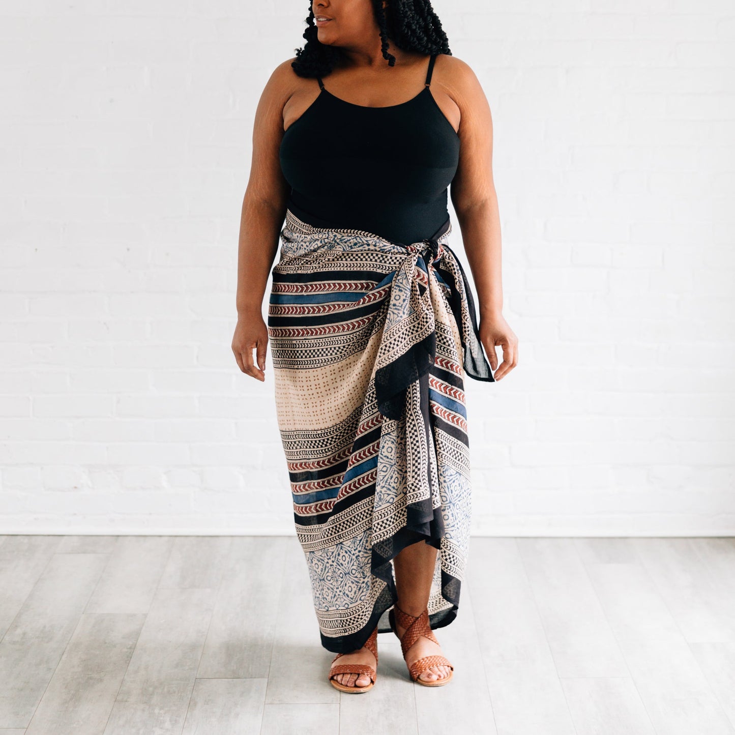 Sarong strip/geo blockprint cotton 76x44 blue/blk