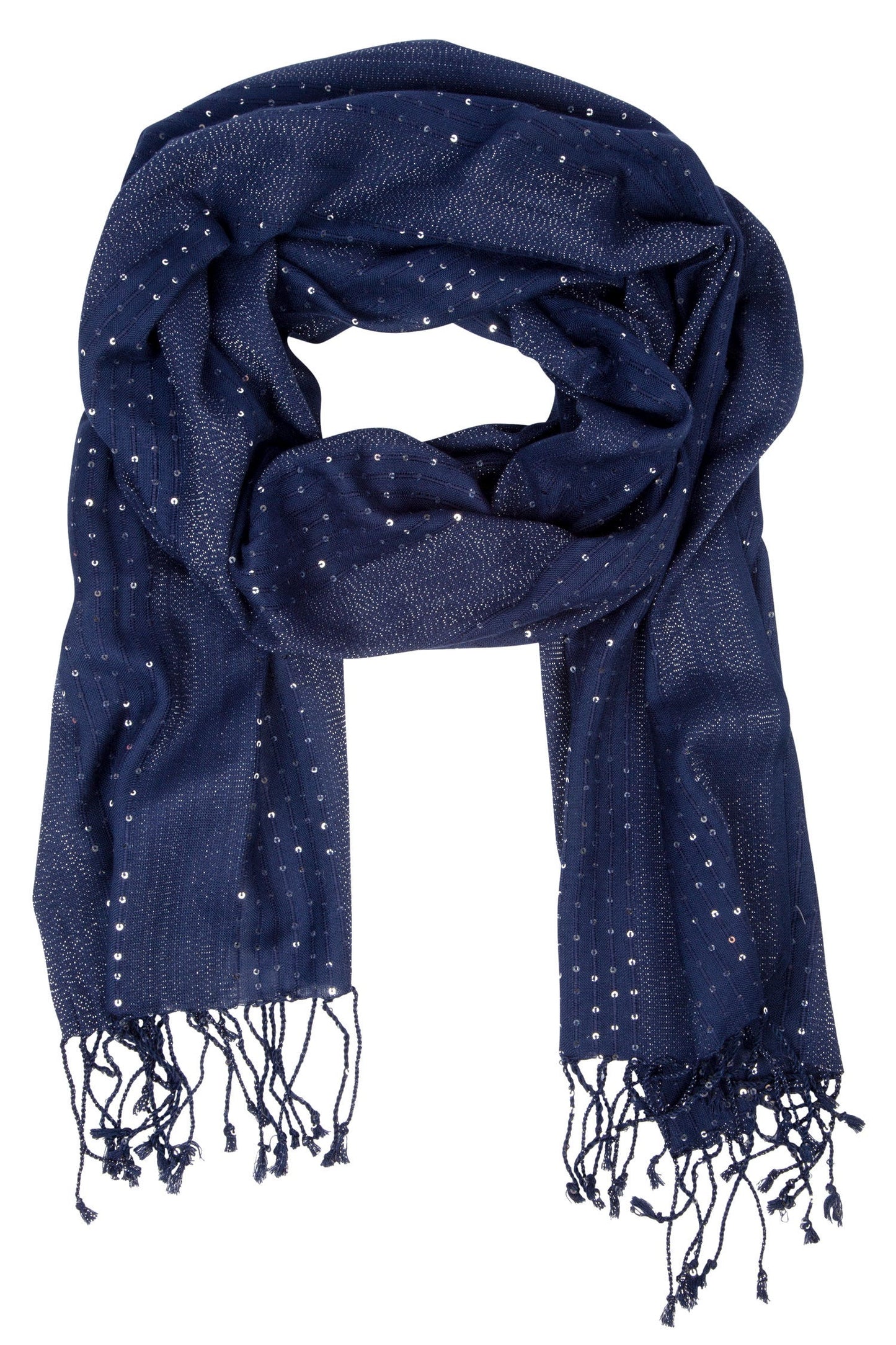 Scarf sequins/fringe viscose 76Lx21W navy/silver
