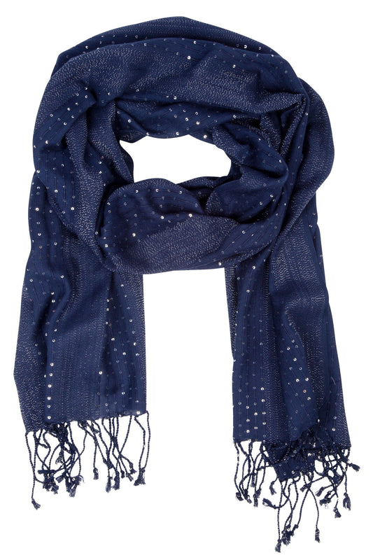 Scarf sequins/fringe viscose 76Lx21W navy/silver