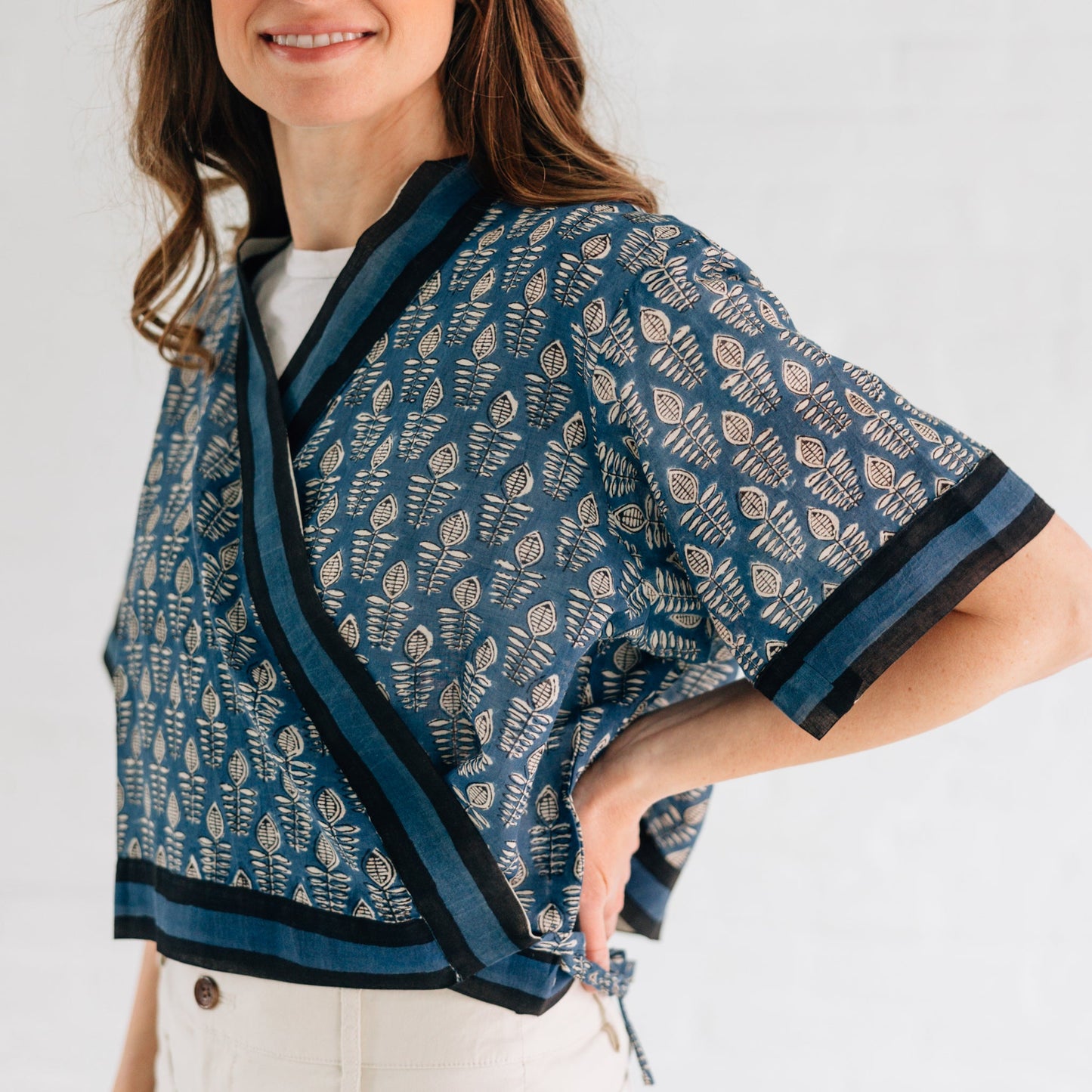 Shirt criss cross top cotton 17L blue/black