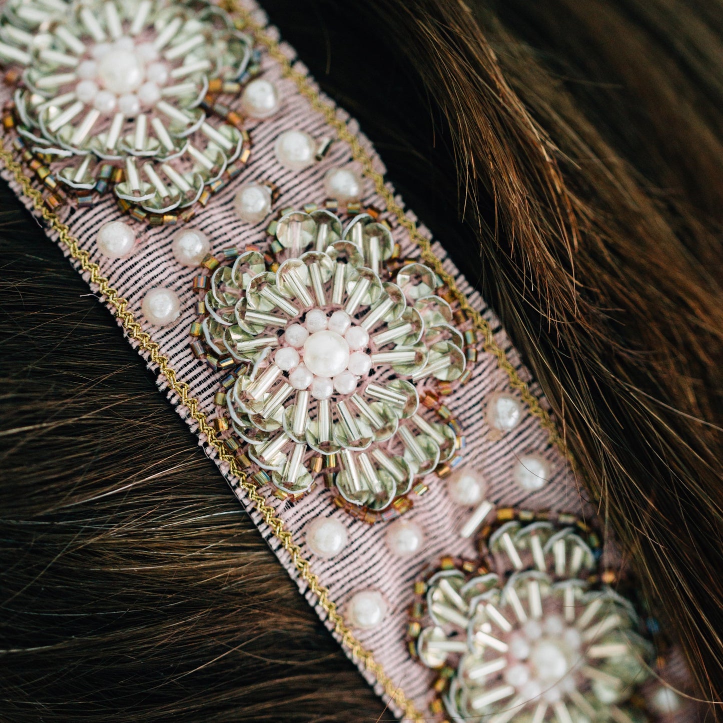 Headband beaded M/2 silk/glass 1.25W lav/gld/blk