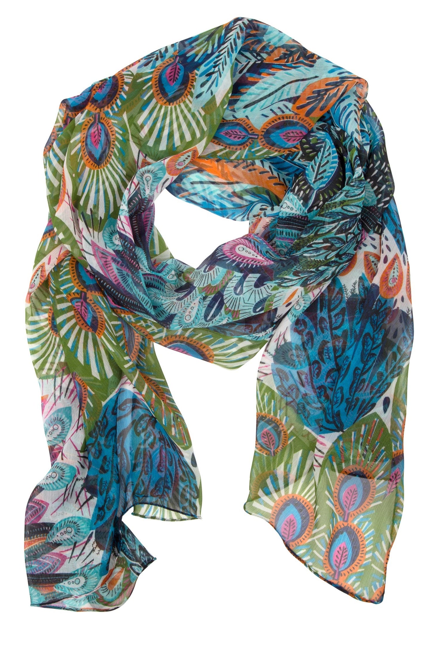 Scarf peacock Polyester 72x21 teal/black/orange