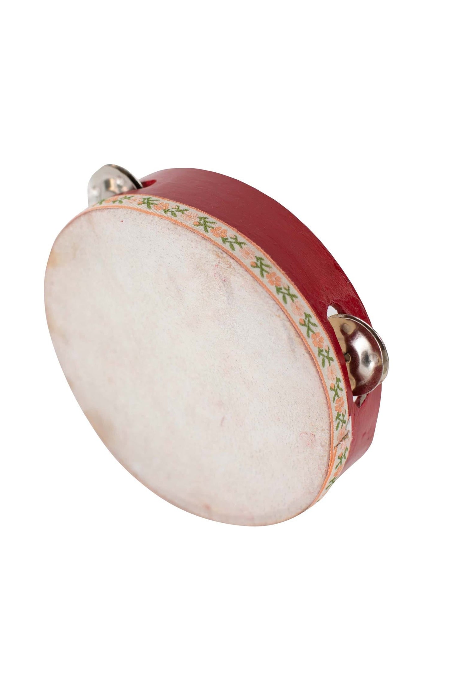 Tambourine wood/leather/metal 7Dx2H red/nat/asst