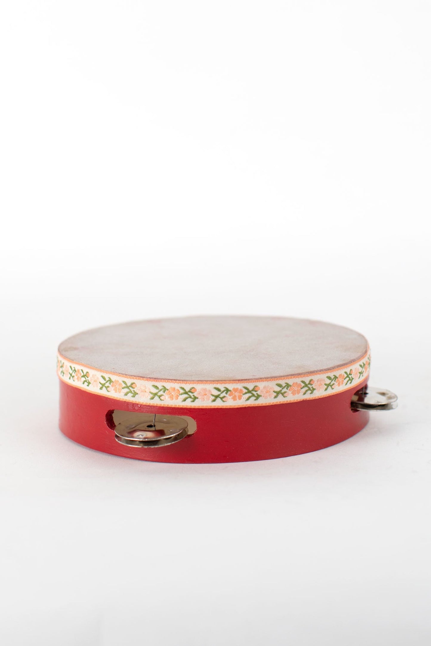 Tambourine wood/leather/metal 7Dx2H red/nat/asst