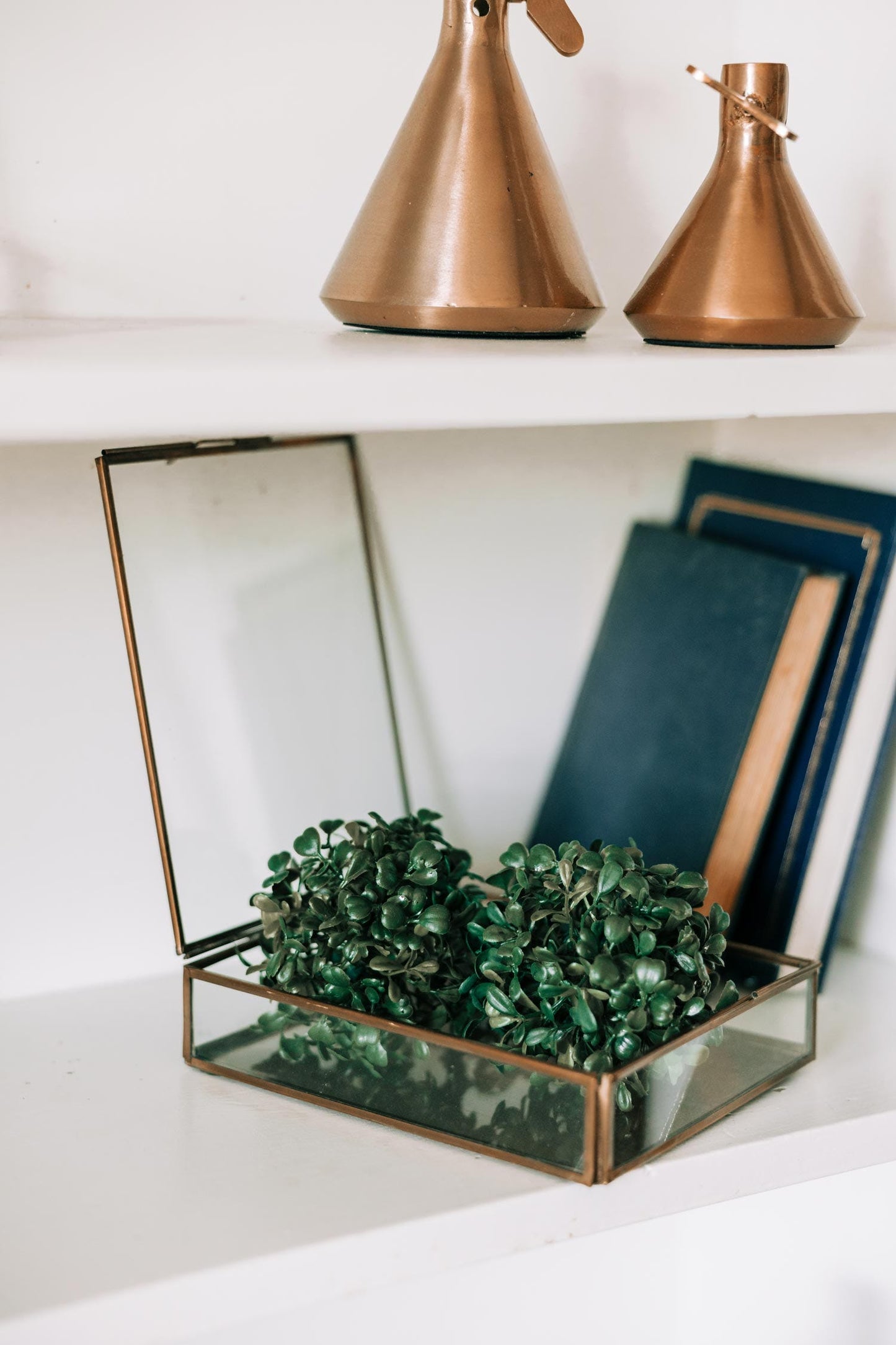 Jewelry box hinged lid glass/metal 8x6x2H brass
