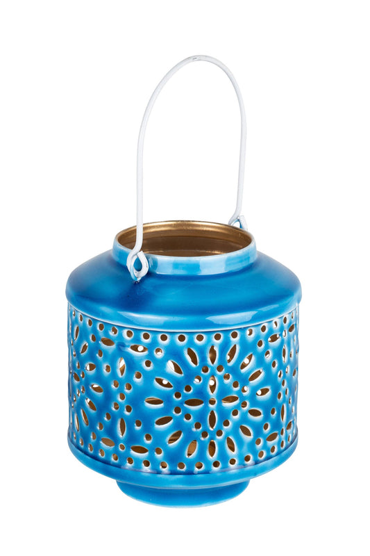 Candleholder hanging cut out iron 5Dx5.5H blue