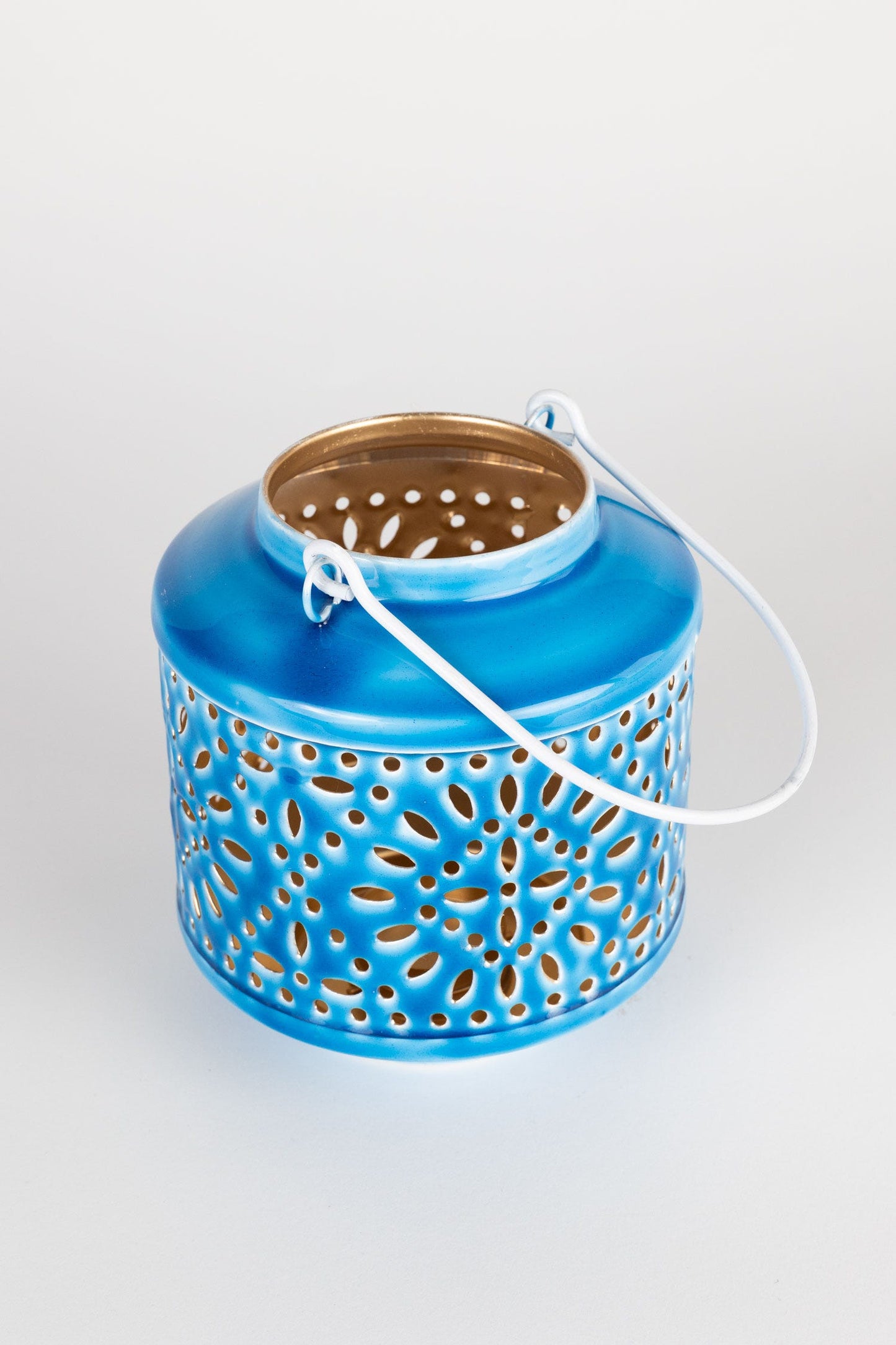 Candleholder hanging cut out iron 5Dx5.5H blue