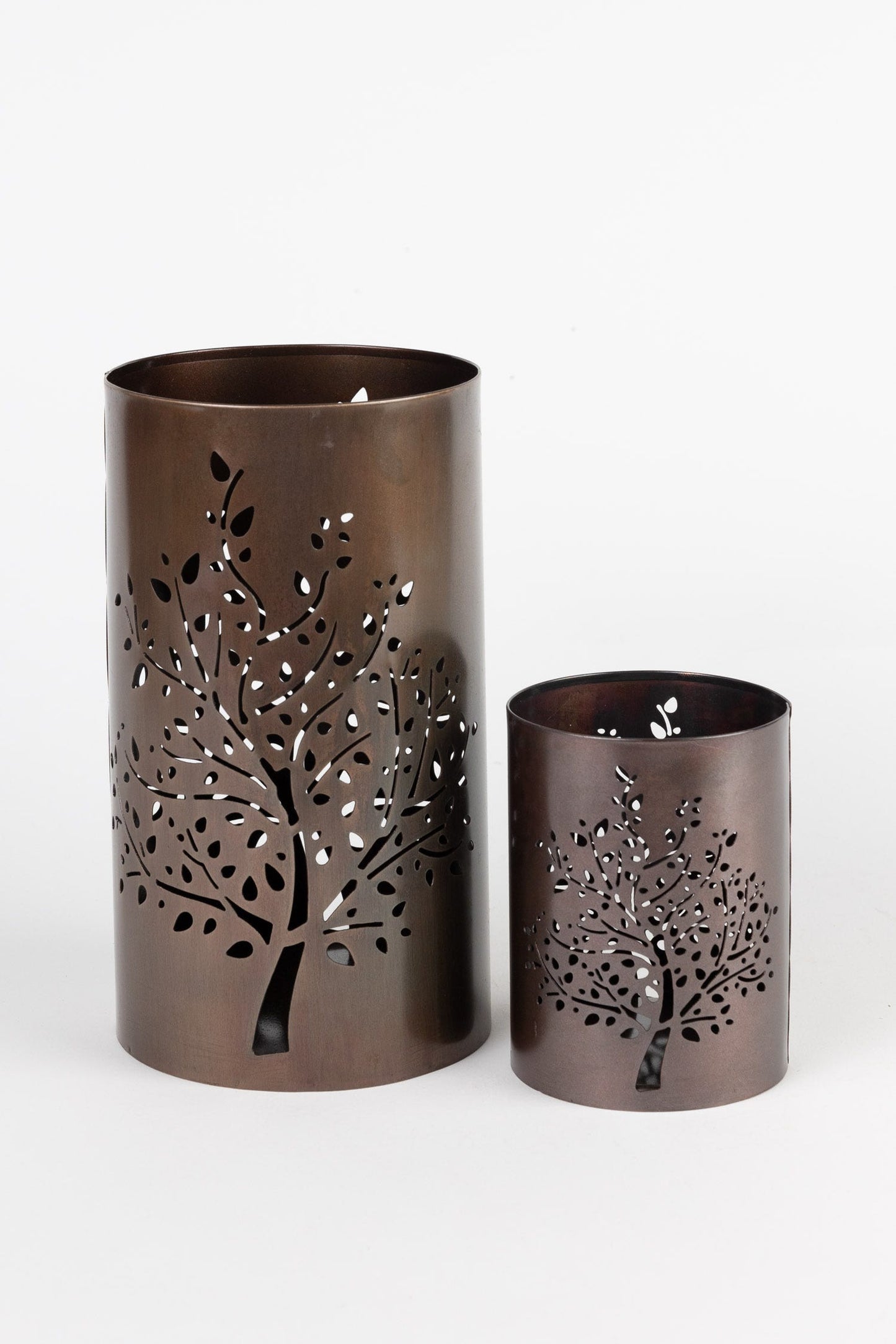 Candleholder autumn trees iron 3Dx5H antq copper