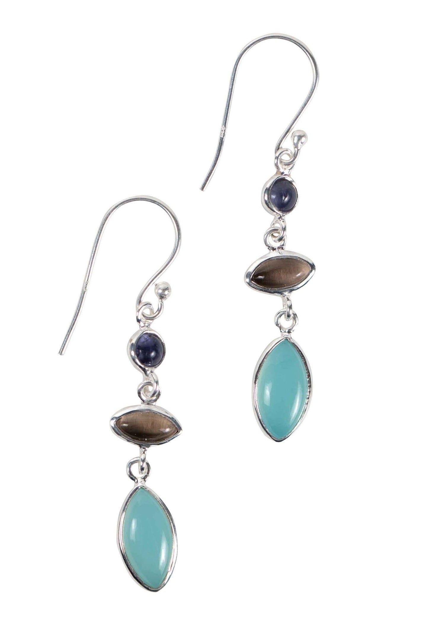 Earrings 3 linked stones silver 2L aqua/brn/silv