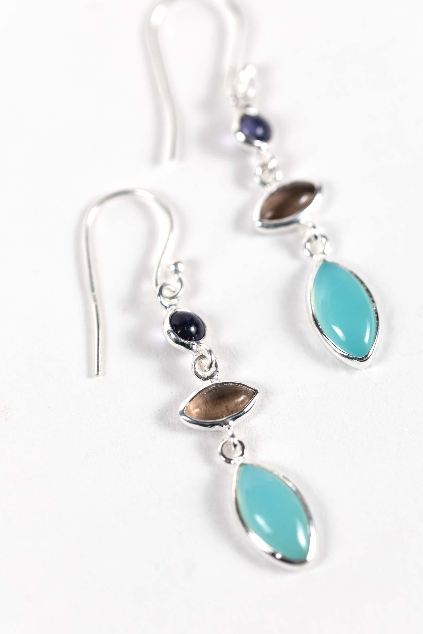 Earrings 3 linked stones silver 2L aqua/brn/silv