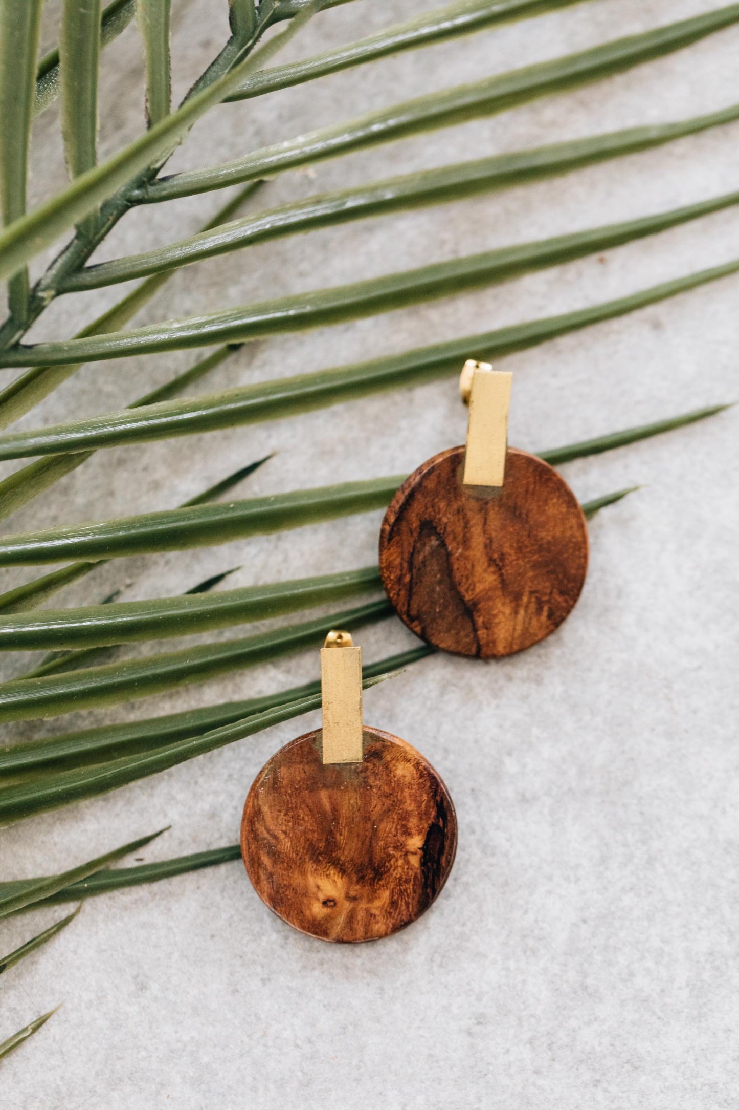 Earrings post disc/bar wood/brass 1.5L brn/brass
