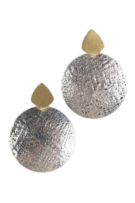 Earrings post textured disc brass 1.5D silv/br/blk