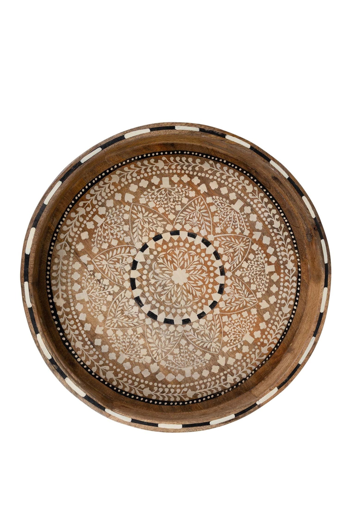 Tray hand painted mandala mango 15Dx2H brn/wht/blk