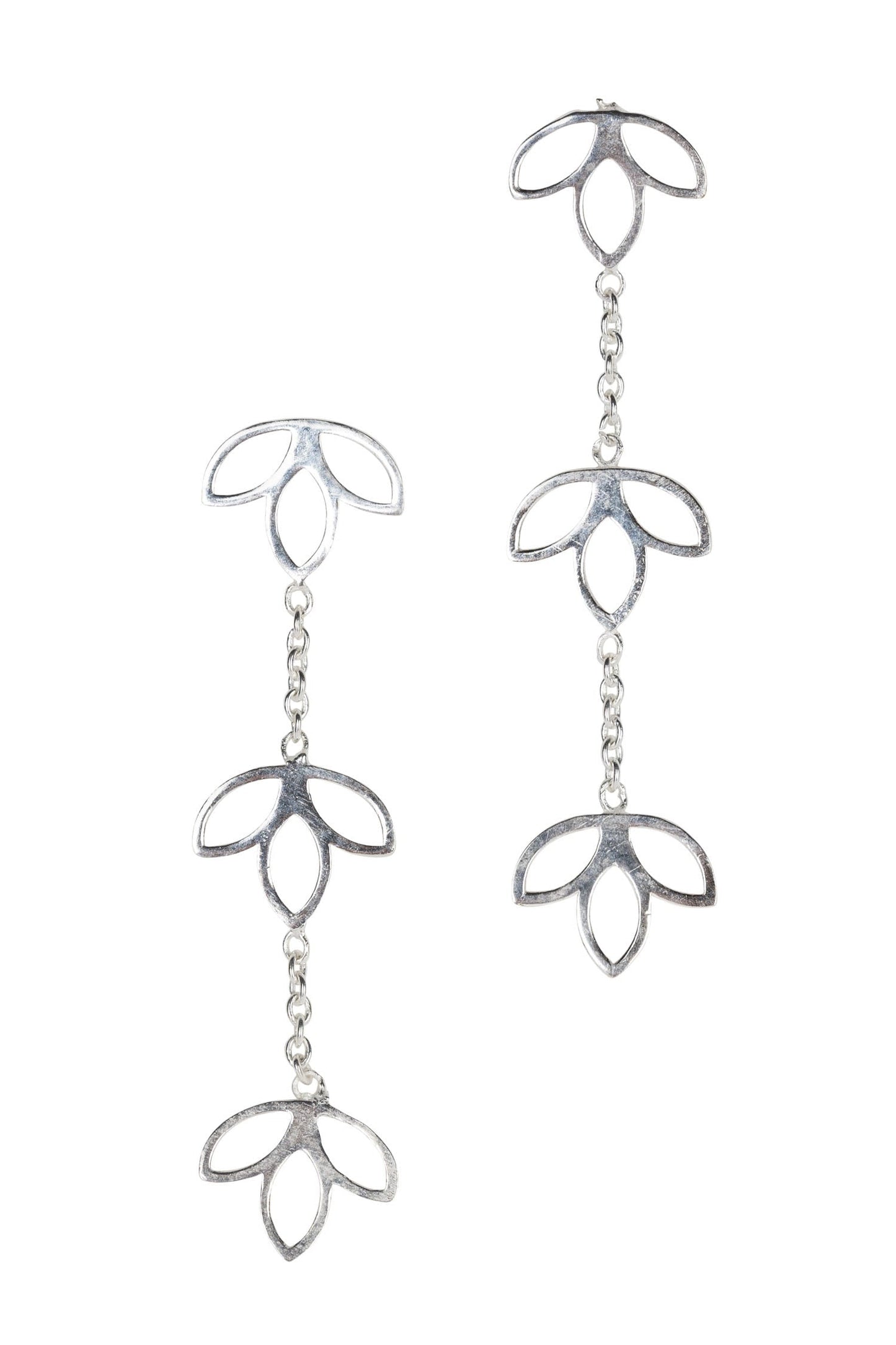 Earrings post lotus trio drop brass 2.25L silver