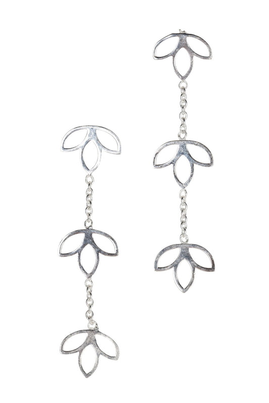 Earrings post lotus trio drop brass 2.25L silver