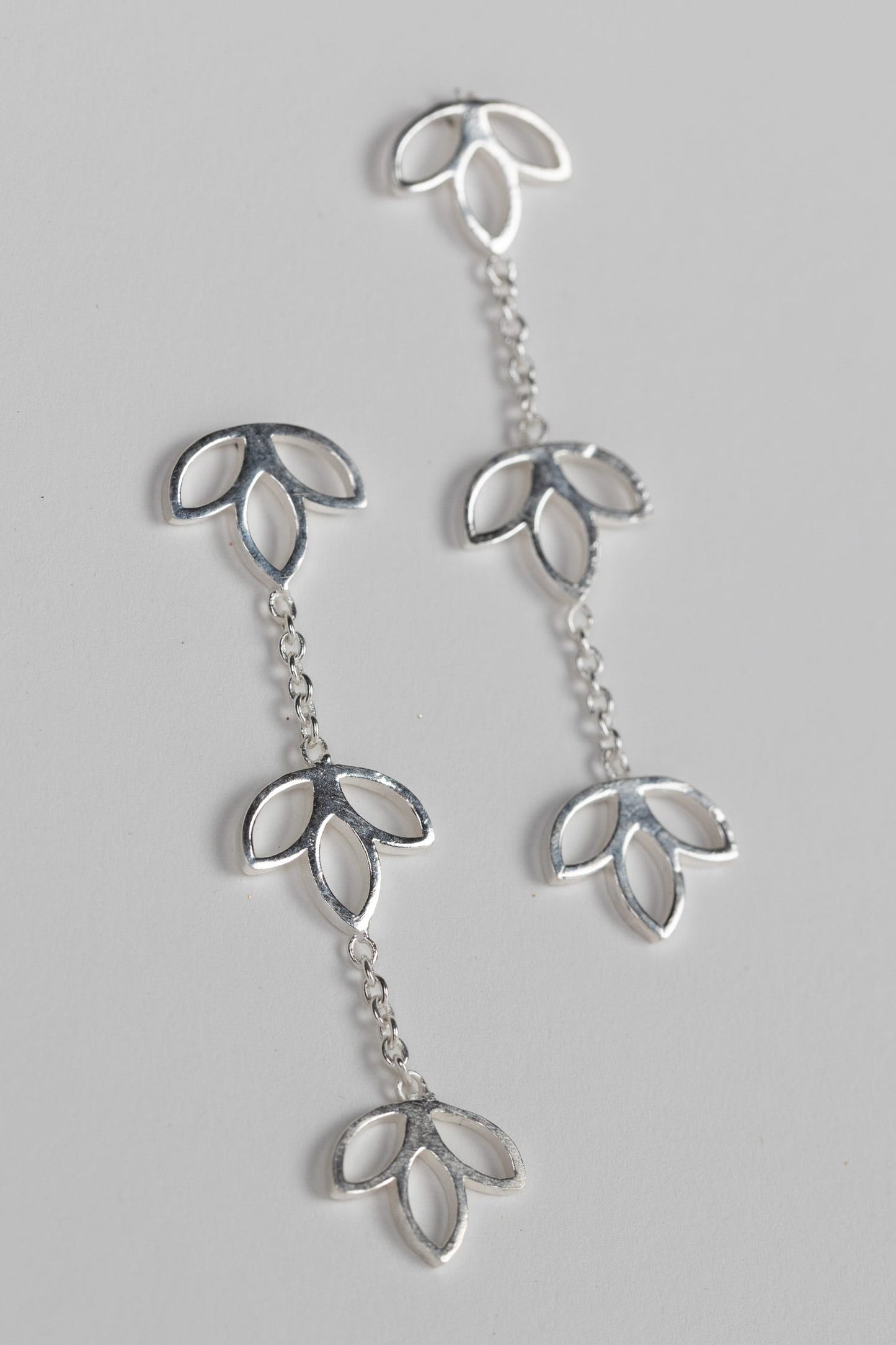 Earrings post lotus trio drop brass 2.25L silver