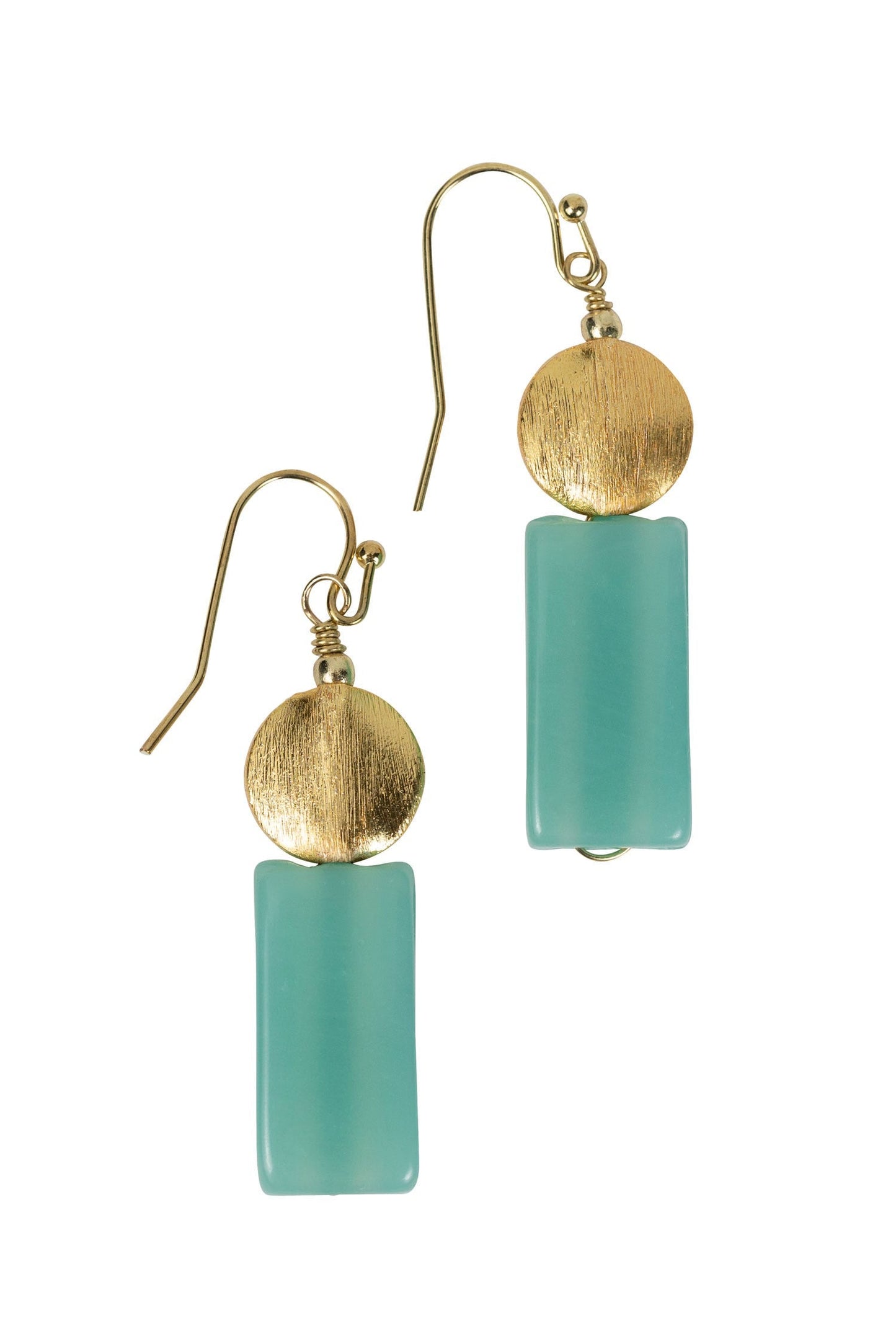 Earrings rect/disc glass/metal 1.8L aqua/gold