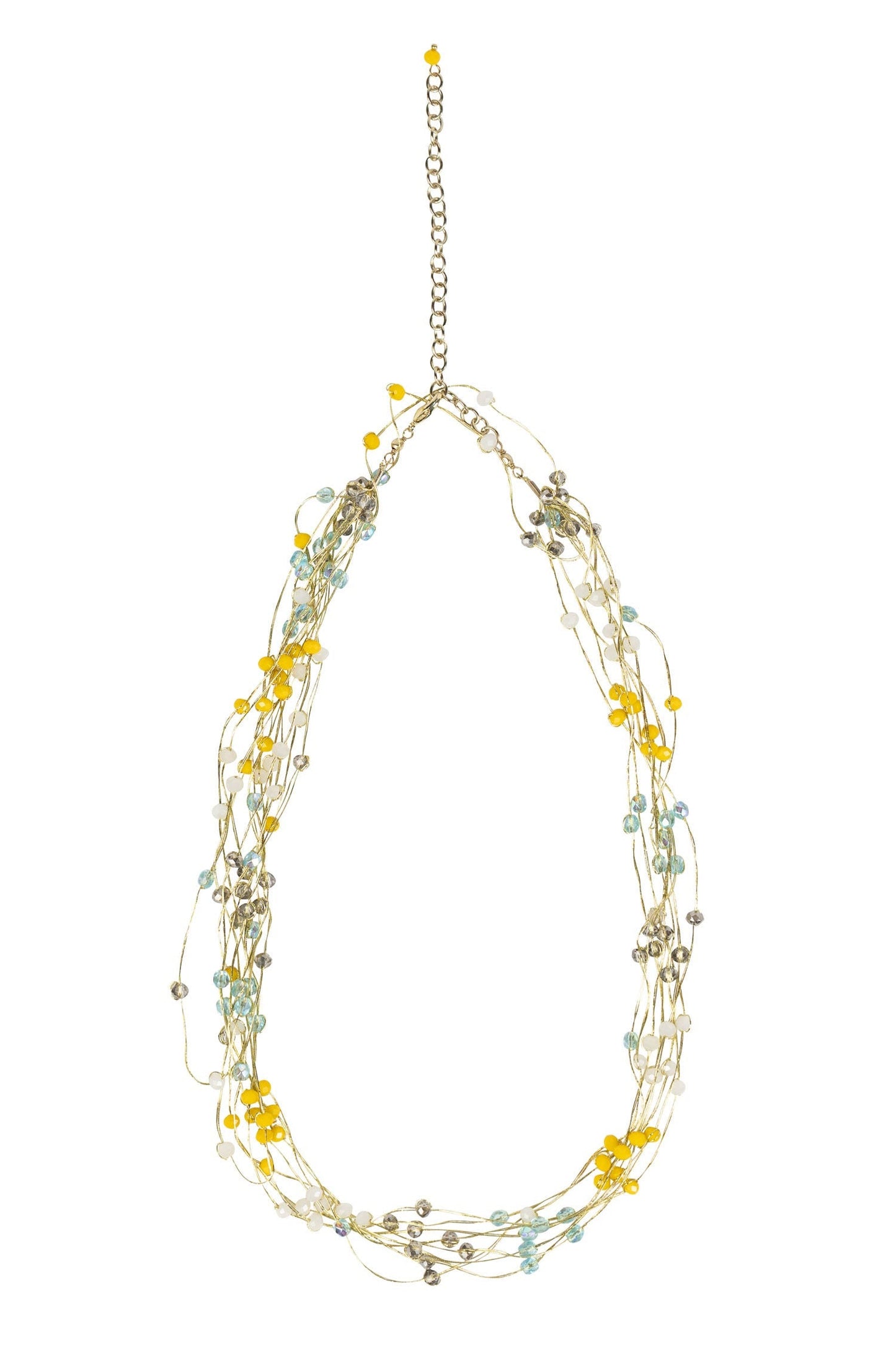 Necklace multistrand thread/bds 20L yel/gld/grn