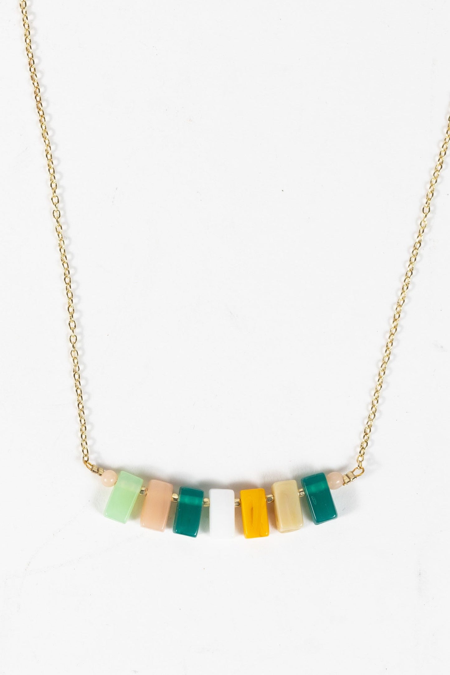 Necklace ascend beaded bar glass 17L teal/yel/wht