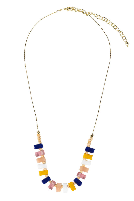 Necklace jubilation beads glass/wd 19L yel/wht/blu