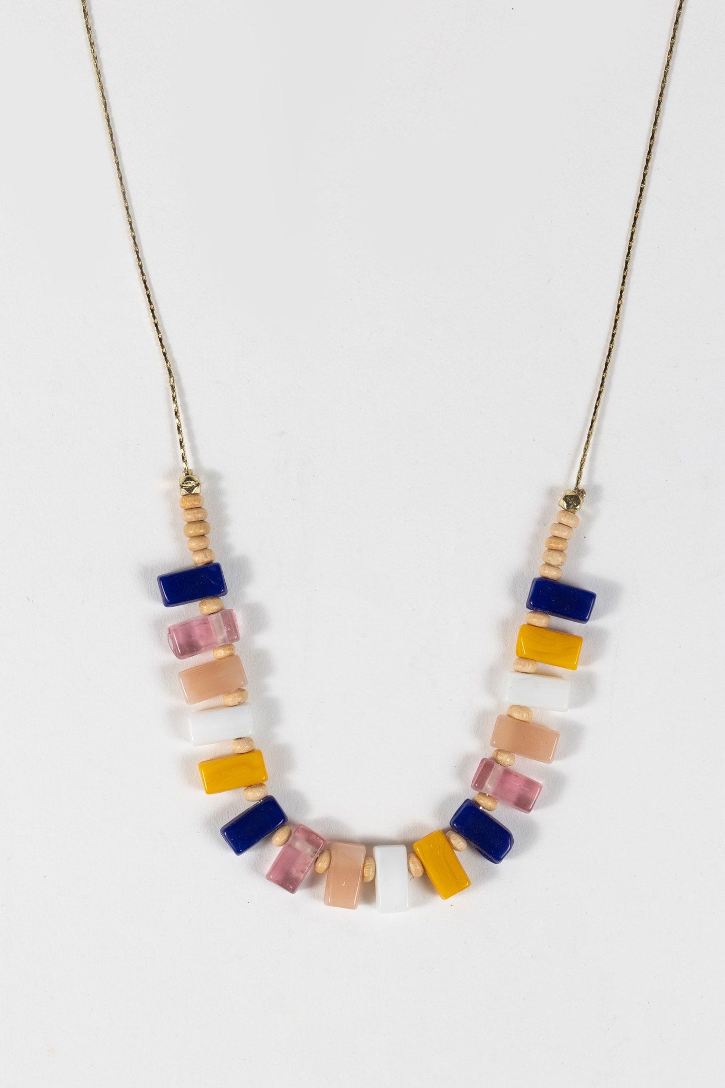 Necklace jubilation beads glass/wd 19L yel/wht/blu