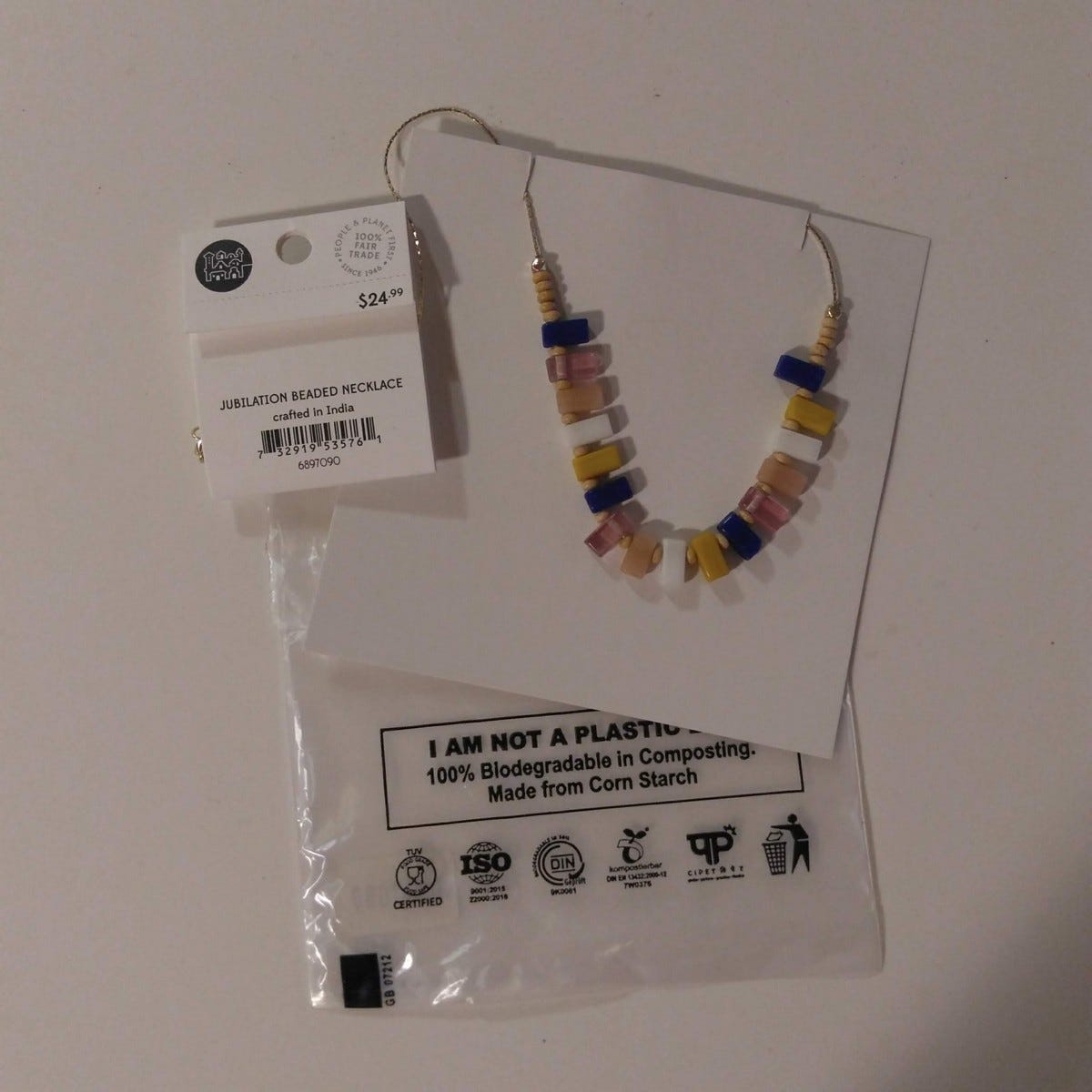 Necklace jubilation beads glass/wd 19L yel/wht/blu