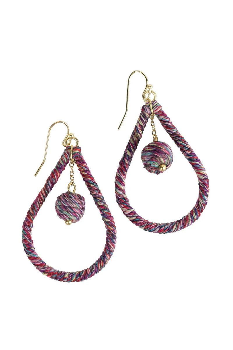 Earrings wrapped teardrop/bead cttn/mtl 2.5L multi