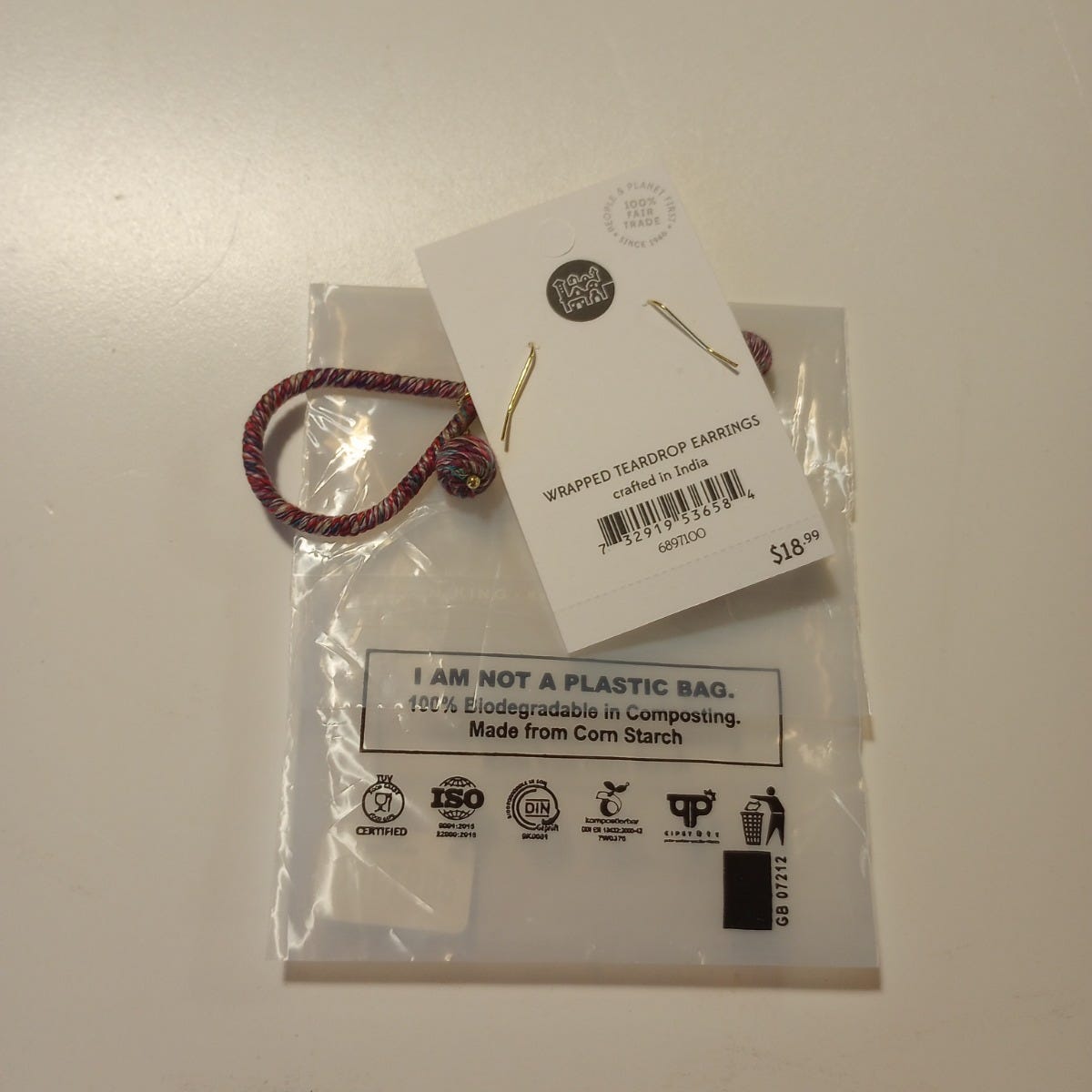 Earrings wrapped teardrop/bead cttn/mtl 2.5L multi