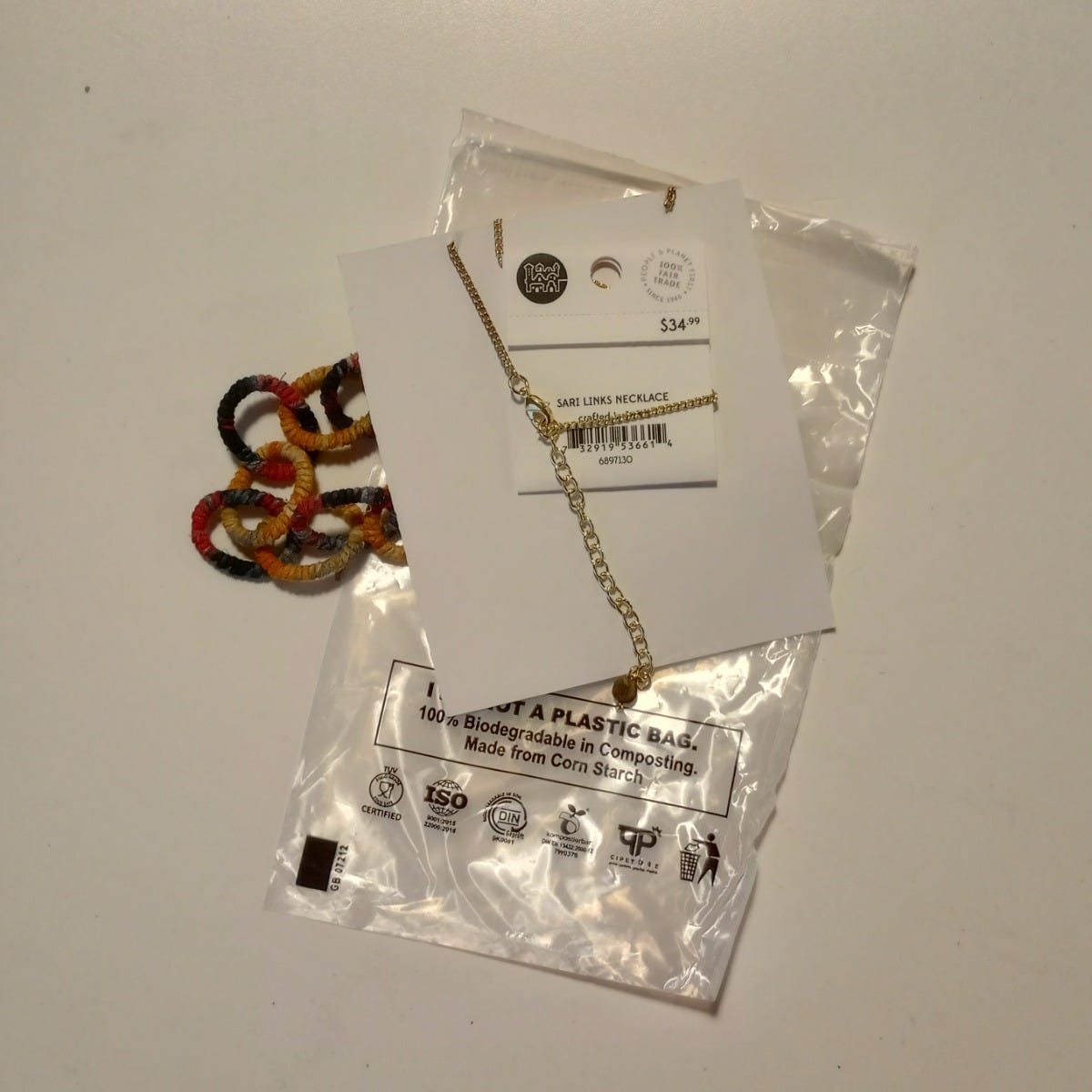 Necklace sari wrapped links cttn/mtl 24L multi/gld