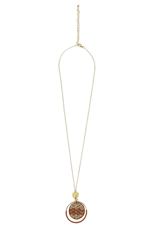 Necklace orbit pend cane/mtl/thread 24L gld/rust