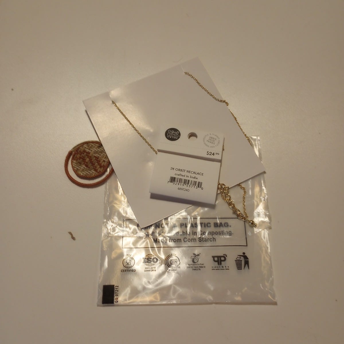 Necklace orbit pend cane/mtl/thread 24L gld/rust