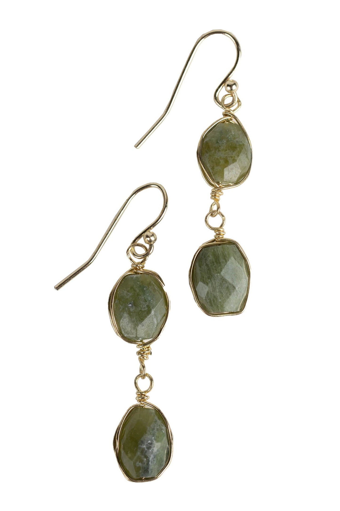 Earrings double drop vesonite/brass 1.75L grn