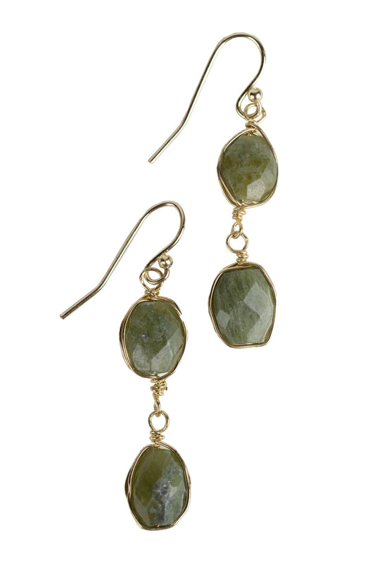 Earrings double drop vesonite/brass 1.75L grn